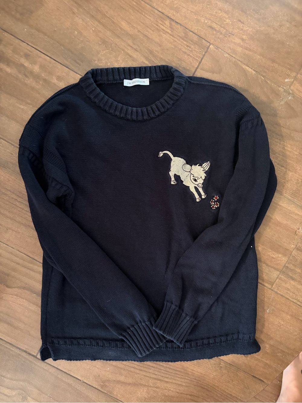 JW ANDERSON Navy Crewneck Sweater with Ivory lamb